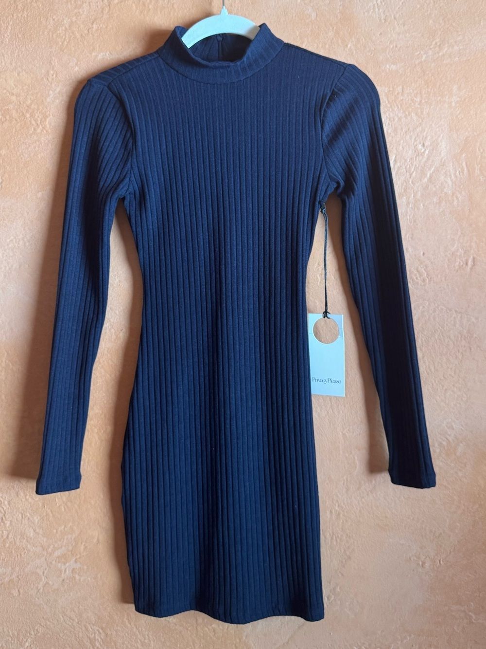 Privacy Please Ribbed Mock Neck Mini Dress Navy XS NWT